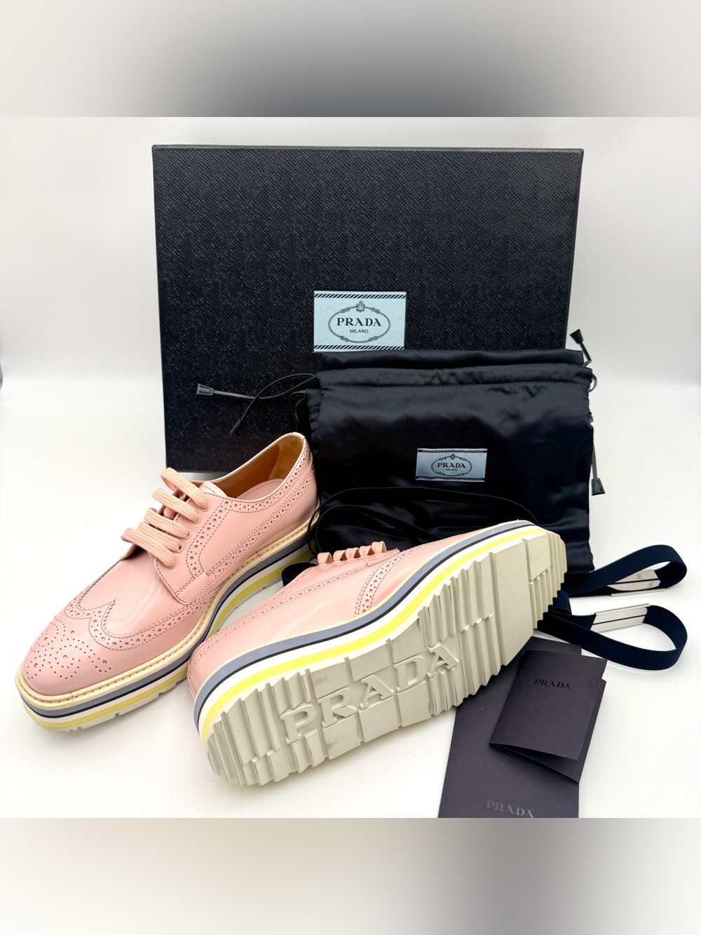 Prada NYC Boutique Custom Color Wingtip Platform Shoes Pink Leather 37.5 NIB